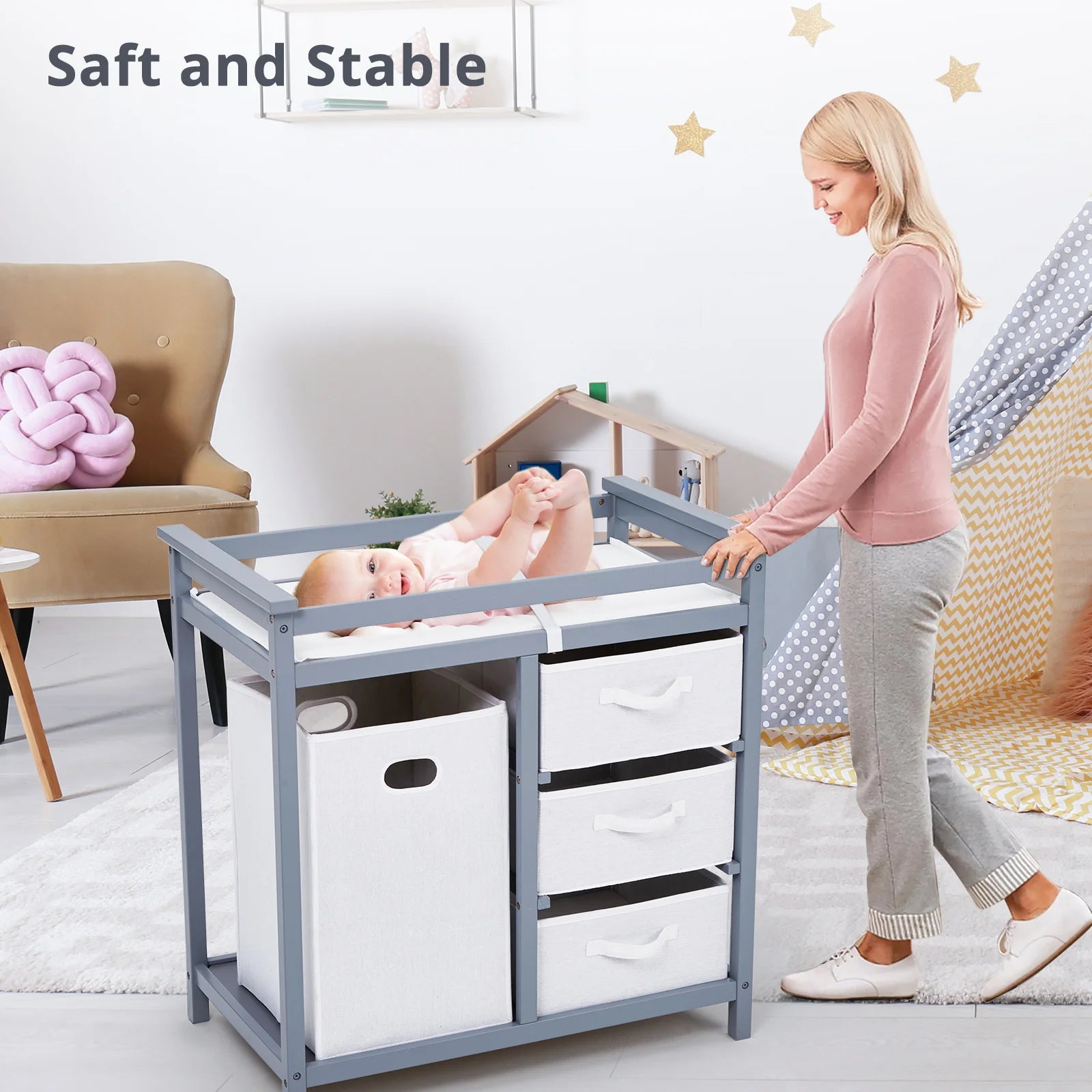 NestStation™ Wooden Changing Table Dresser (with Laundry Hamper)