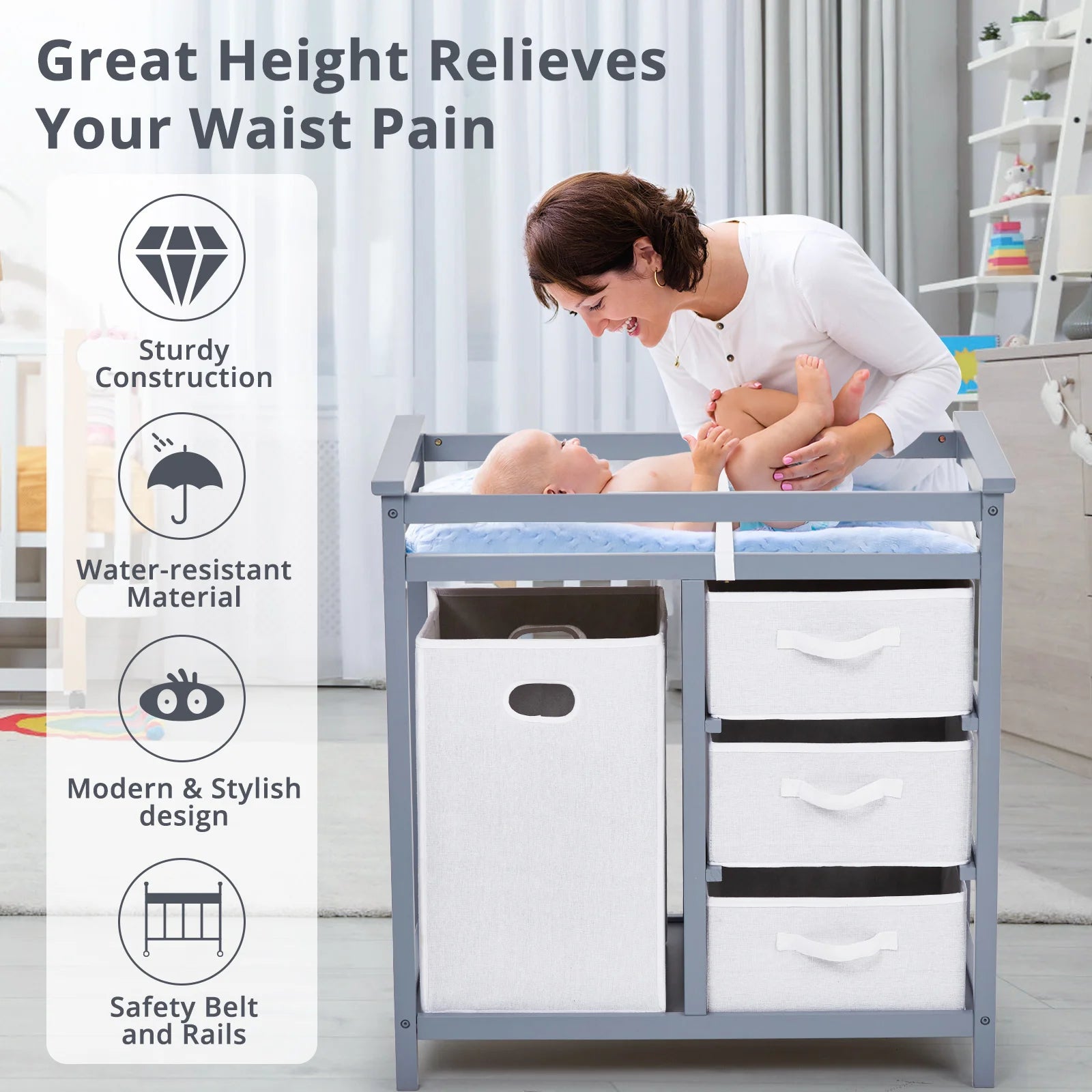 NestStation™ Wooden Changing Table Dresser (with Laundry Hamper)