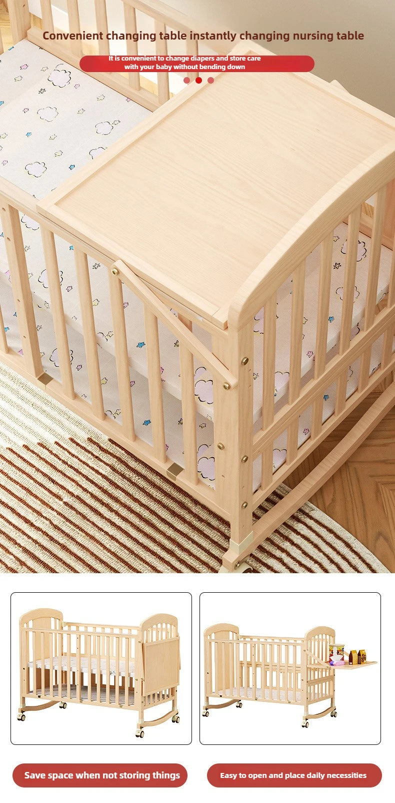 NestRock™ Solid Wood Baby Rocking Bed (with Wheels & Mosquito Net)